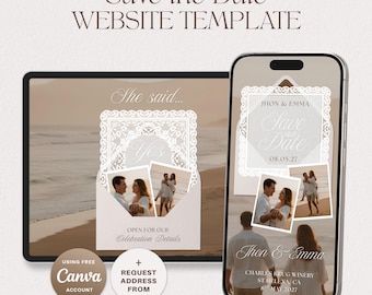 Moderne Neutral Save the Date Website Vorlage, Lace Canva Hochzeitseinladung, bearbeitbare animierte digitale Einladung
