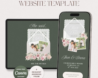 Salbei Grün Floral Save the Date Website Vorlage, Vintage Spitze Hochzeitseinladung Website, Romantische Canva Hochzeitswebsite