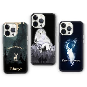May include: Three phone cases with fantasy-themed designs. One case features a deer silhouette with the text "Always" and "After all this time?". Another has a white owl against a moonlit forest. The third case displays a glowing deer with the text "Expecto Patronum".