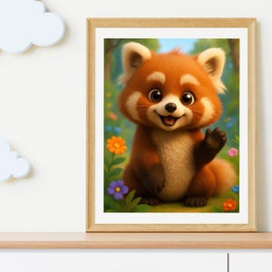Adorable póster de panda rojo/Arte mural de animales caprichosos para habitación infantil, bonito regalo decorativo para amantes de los animales