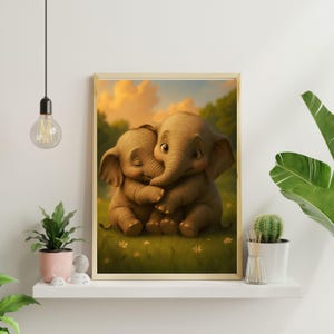 Süße Elefanten Umarmungen Poster | Niedliche Tierwandkunst für Kinderzimmer, Babypartygeschenk, wunderliche Kinderzimmerdeko