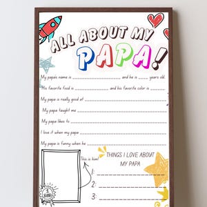 Tout sur mon papa à imprimer – Cadeau pour la fête des pères de la part des enfants, interview à remplir avec papa, questionnaire pour enfants, téléchargement immédiat