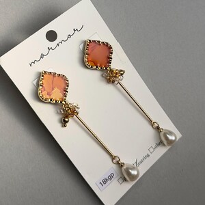 Orange Alcohol Ink Art 18KGP Clip-On Earrings with Pearl Drop, Czech Glass Beads, Handmade Statement Jewelry