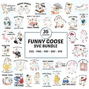 Könnte beinhalten: Ein Paket mit 35 lustigen Gänsemotiven im SVG-Format. Die Illustrationen zeigen alberne Gänse in verschiedenen Situationen, mit Texten wie "Silly Goose" und "Goose Vibes". Erhältlich in den Formaten SVG, PNG, PDF, DXF und EPS.