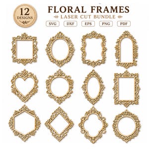 Peut inclure: Une collection numérique de 12 motifs de cadres floraux découpés au laser dans des tons de bois clair. L'ensemble comprend diverses formes comme des cadres carrés, ovales, en cœur, en losange et rectangulaires avec des motifs filigranes.