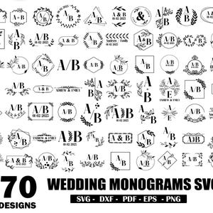 Może przedstawiać: Zbiór 70 wzorów monogramów ślubnych w formatach SVG, DXF, PDF, EPS i PNG. Projekty zawierają inicjały, daty i elementy kwiatowe w czerni i bieli, idealne do spersonalizowanych projektów ślubnych.