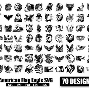 May include: A collection of 70 black and white eagle designs, including eagles with American flags, stars, and patriotic symbols. The text "American Flag Eagle SVG" and "70 Designs" are also present.
