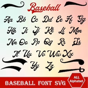 May include: A baseball-themed font in a script style. The word "Baseball" is in red script. The alphabet is displayed in black, with each letter in a unique, flowing design. The image includes the text "BASEBALL FONT SVG" and "ALL Alphabet".