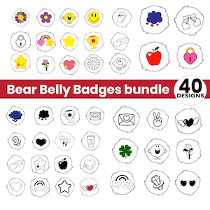 Może przedstawiać: Zestaw 40 odznak Bear Belly z różnymi wzorami, w tym uśmiechnięty kwiat, tęcza, gwiazda, trofeum, serce i czerwone jabłko. Tekst "Bear Belly Badges bundle" jest wyświetlany na czerwono. Numer "40" znajduje się w okręgu.