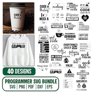 Op de afbeelding: Een witte hoodie met de tekst "TRUST ME I'M A PRO GAMER" en een koffiekopje met "CODE IS MY POETRY" erop gedrukt. De afbeelding bevat ook een bundel programmeur-thema SVG-ontwerpen.