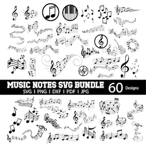 May include: A collection of 60 black and white music-themed designs. The image features various musical notes, treble clefs, and musical staffs. The text "MUSIC NOTES SVG BUNDLE" is displayed, along with file format options.