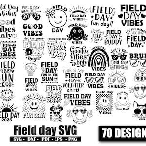 Puede incluir: Una colección de 70 diseños SVG con el tema "Field Day" en blanco y negro. Los diseños incluyen caras sonrientes, gafas de sol, arcoíris y texto como "Good Vibes Only" y "Fun Day!"