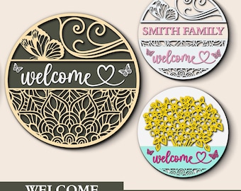 Welcome To Our Home Floral Door Hanger SVG, Layered Round Sign Laser Cut File, Floral Basket SVG, Floral Door Sign, Glowforge Files