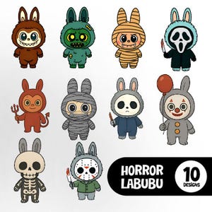 10+ Horror Labubu PNG Bundle, Halloween PNG SVG, Killers Chibi Style, Cute Spooky Character Stickers, Kawaii Creepy Clipart