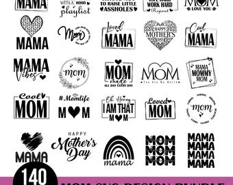 May include: A collection of 140 black and white SVG design files for creating mom-themed crafts. The designs include various phrases and images, such as "Mom", "Mama", "Cool Mom", "Mom Made", "Loved Mom", and "Happy Mother's Day".