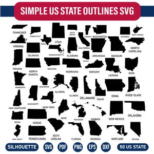 May include: Black silhouettes of the 50 United States, arranged in a grid. The states are labeled with their names. The image includes the text "SIMPLE US STATE OUTLINES SVG" and file type options.
