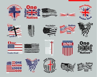 May include: A collection of 20 designs featuring patriotic themes. The designs include flags, crosses, and the text "One Nation Under God." Available in SVG, DXF, PDF, EPS, and PNG formats.