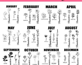 Geboortemaand Svg-bundel, wilde bloemen geboortemaand SVG, bloem Svg, bloemen svg, botanische svg, roos svg, verjaardag svg, aangepaste geboortebloem