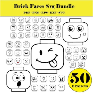 May include: A black and white SVG bundle showcasing 50 brick face designs with diverse expressions. The image includes the text "Brick Faces Svg Bundle" and file type information. A yellow circle displays "50 DESIGNS".