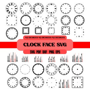 Puede incluir: Una colección de diseños de esferas de reloj en varios estilos, incluyendo números romanos y arábigos, en formas redondas y cuadradas. La imagen también incluye manecillas de reloj y el texto "CLOCK FACE SVG".