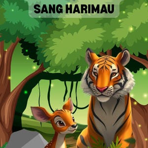 Puede incluir: Una ilustración de un tigre y un ciervo en un entorno de jungla. El tigre está sentado en el suelo con las patas cruzadas. El ciervo está de pie sobre sus patas traseras y mirando al tigre. El texto "SANG KANCIL DAN SANG HARIMAU" está escrito en letras negras en la parte superior de la imagen.