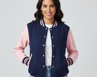 Navy & Pink Fleece Varsity Jacket | Raglan Sleeve Bomber