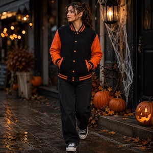 May include: A black and orange varsity jacket with a button-front closure, ribbed striped cuffs, and a ribbed collar. The jacket features long orange sleeves and a black torso, paired with dark gray denim jeans and black and white low-top sneakers.