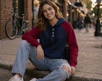 Navy Blue Raglan Hoodie with Maroon Sleeves | 100% Fleece | Gift For Her