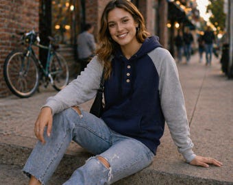 Navy Blue Raglan Hoodie with Heather Gray Sleeves | 100% Fleece | Gift For Her