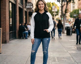 Black Raglan Hoodie with White Sleeves | 100% Fleece | Gift For Her