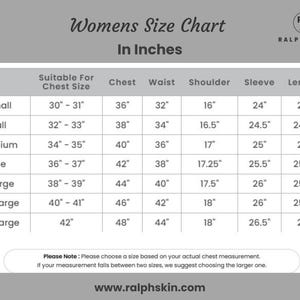 May include: A size chart labeled "Womens Size Chart In Inches" with measurements for chest, waist, shoulder, sleeve, and length. Sizes range from Xsmall to 3X Large, with chest sizes from 30" to 42". The chart includes a note about choosing the correct size.