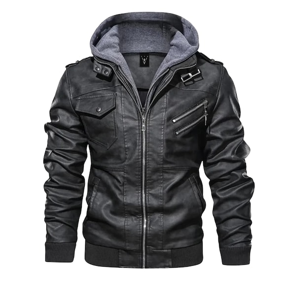 Miguel Grey Men's Hooded Leather Jacket | Black Leather Body & Sleeves