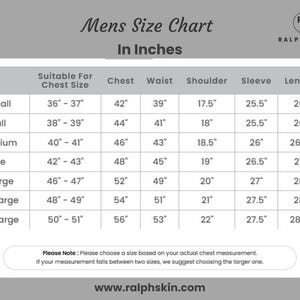 May include: A size chart for men's clothing, with measurements in inches. The chart includes sizes from XSmall to 3XLarge, detailing chest, waist, shoulder, sleeve, and length measurements. The brand logo is in the top right corner.