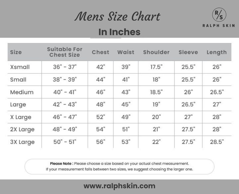 May include: A size chart for men's clothing, with measurements in inches. The chart includes sizes from XSmall to 3XLarge, detailing chest, waist, shoulder, sleeve, and length measurements. The brand logo is in the top right corner.