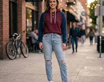 Maroon Raglan Hoodie with Blue Sleeves | 100% Fleece | Gift For Her