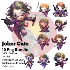 Joker Cute PNG Bundle | 10 Digital Villain Clipart | 3000x3000 px | For Sublimation and Crafts