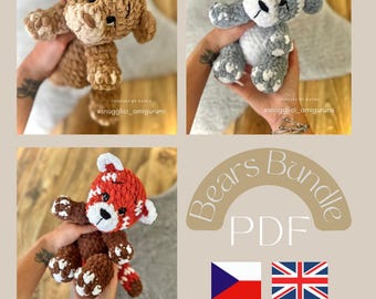 Crochet Bear Pattern Bundle, Teddy Bear, Panda & Red Panda Amigurumi Patterns | 3 Crochet Animal Plushie PDF Patterns