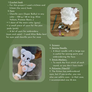 May include: A crafting guide with a green background, featuring a crocheted kitten, yarn, scissors, and other materials. The text "Materials needed" is at the top. The finished kitten is light blue with pink paws.