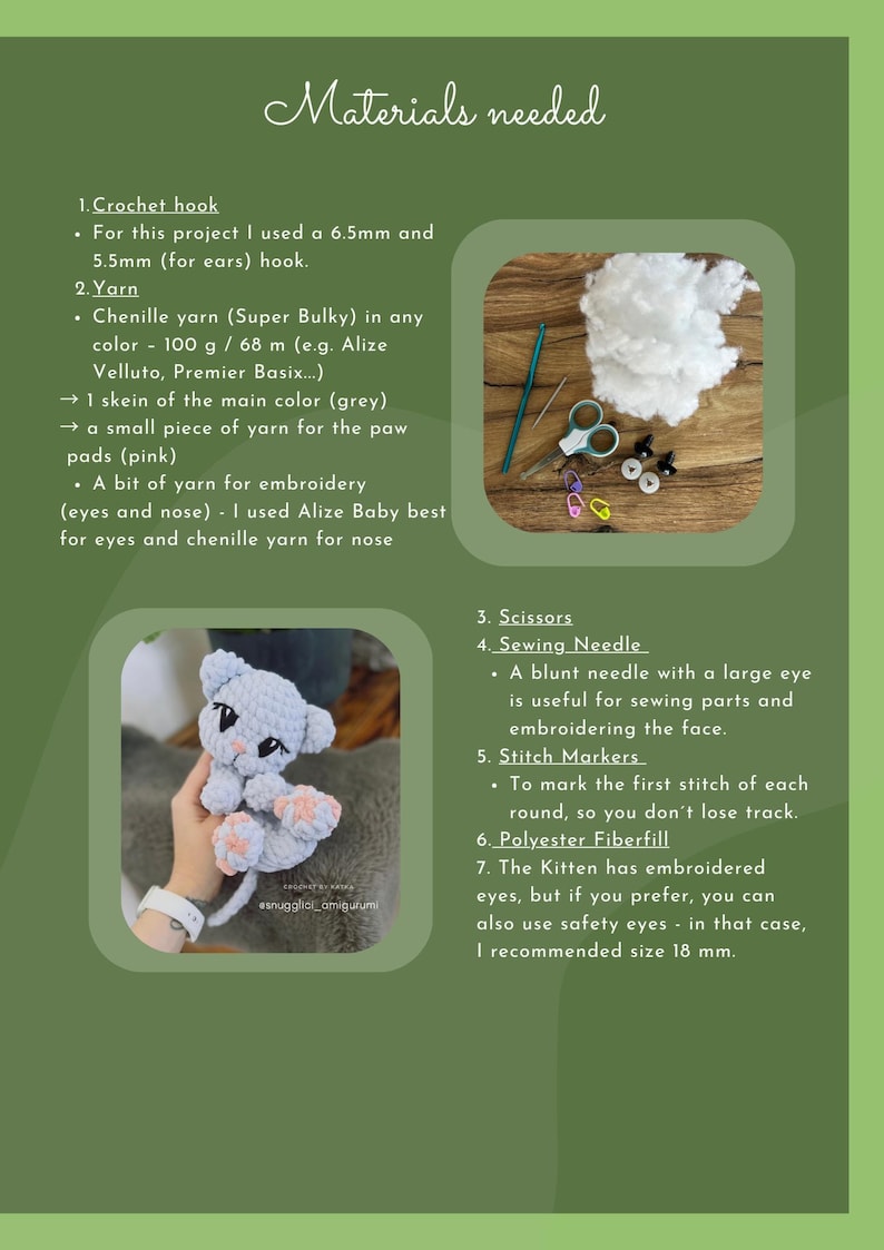 May include: A crafting guide with a green background, featuring a crocheted kitten, yarn, scissors, and other materials. The text "Materials needed" is at the top. The finished kitten is light blue with pink paws.