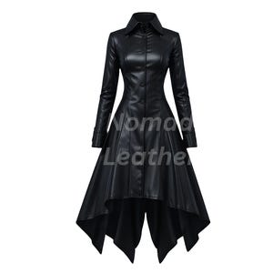 May include: A black leather coat with a button-up front, long sleeves, and an asymmetrical hemline. The coat has a classic collar and is designed for a tailored fit. The product is from Nomad Leather.