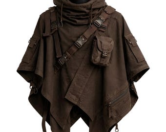Brown Techwear Tactical Hooded Poncho Cloak – Cyberpunk Utility Cape Hoodie – Streetwear Festival Outfit with Pockets