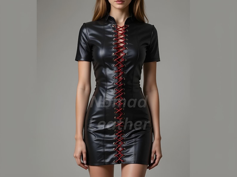 May include: Black leather dress with short sleeves and a high collar. The dress features a red lace-up detail down the front. The text "Nomad Leather" is printed on the dress. The dress is a mini-length.