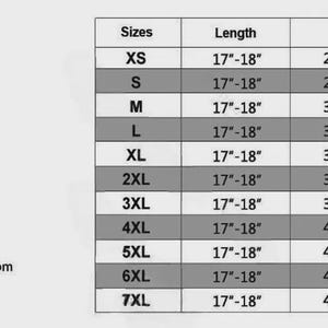 May include: A diagram of a corset with measurements labeled for length, bust, waist, and bottom. A size chart displays measurements in inches for sizes XS to 7XL, including bust, waist, and bottom dimensions.