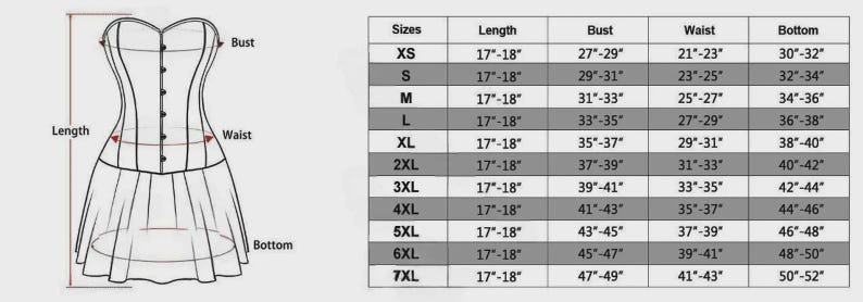 May include: A diagram of a corset with measurements labeled for length, bust, waist, and bottom. A size chart displays measurements in inches for sizes XS to 7XL, including bust, waist, and bottom dimensions.