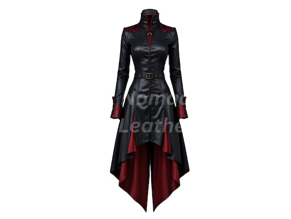 Handmade Gothic Vampire Coat: Black & Red Leather, Steampunk Cosplay