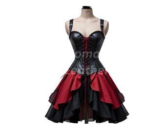 Handmade Black & Red Leather Corset Dress: Gothic Steampunk Cosplay