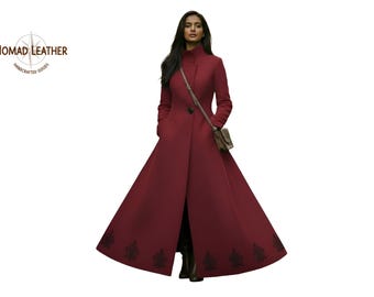 Casaco longo de lã vermelho feminino, casaco de lã oversized, casaco de inverno estilo princesa, casaco de moda cosplay feito à mão, roupa de lã bordada