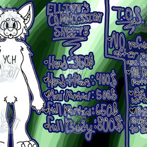 May include: A digital commission sheet featuring a white anthropomorphic animal line art with the text YCH on the chest. The image includes a list of services with prices and a T.O.S. section detailing no refunds, no NSFW parts, and patience requirements.