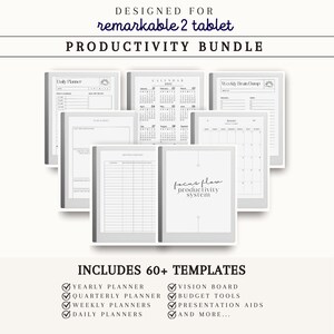 Può includere: Un pacchetto di produttività per il tablet Remarkable 2, con oltre 60 modelli tra cui pianificatori annuali, trimestrali, settimanali e giornalieri, vision board, strumenti di budget, aiuti per le presentazioni e altro ancora.