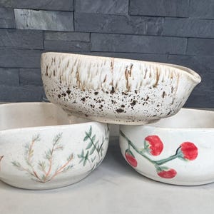 Può includere: Tre ciotole in ceramica con beccuccio. La ciotola superiore presenta uno smalto color crema con motivi a goccia e macchie marroni. La ciotola in basso a sinistra ha illustrazioni di erbe verdi, quella in basso a destra grappoli di pomodori rossi.